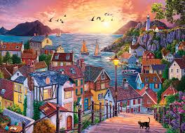 Desenhos de Coastal Town at Sunset Jigsaw Puzzle para colorir