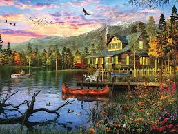 Desenhos de Peaceful Sunset Cabin Jigsaw Puzzle para colorir