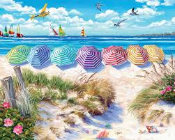 Rainbow Umbrellas on the Beach Jigsaw Puzzle