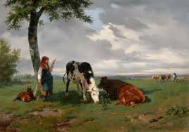 Shepherdess and Two Cows in a Meadow Jigsaw Puzzle